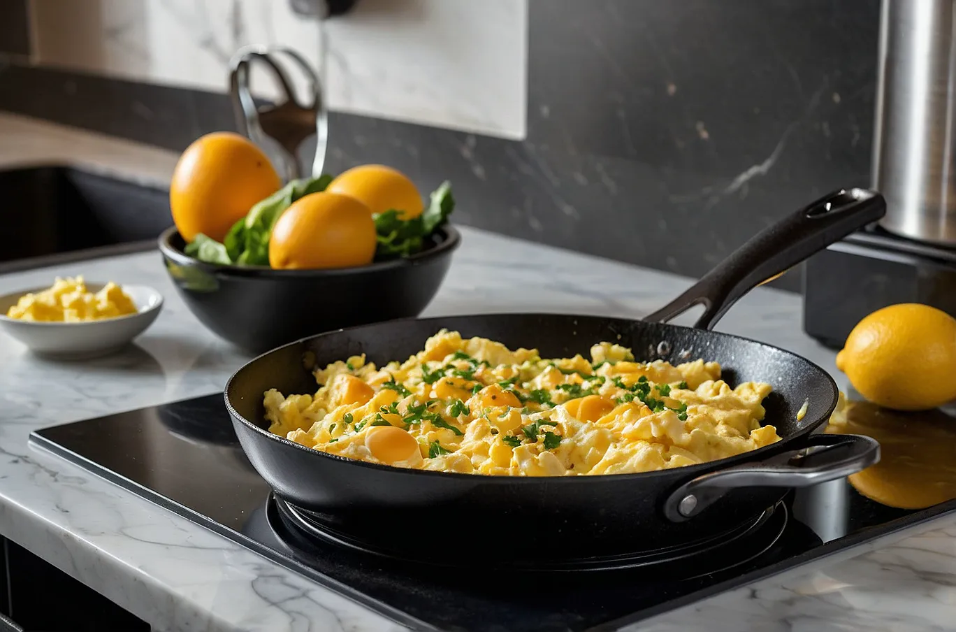 Fluffy scrambled eggs cooking in a hot frying pan.