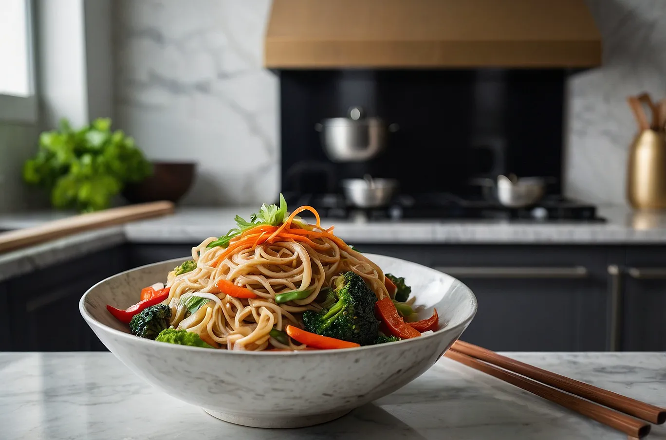 A bowl of stir-fry noodles with vibrant veggies and savory flavor.