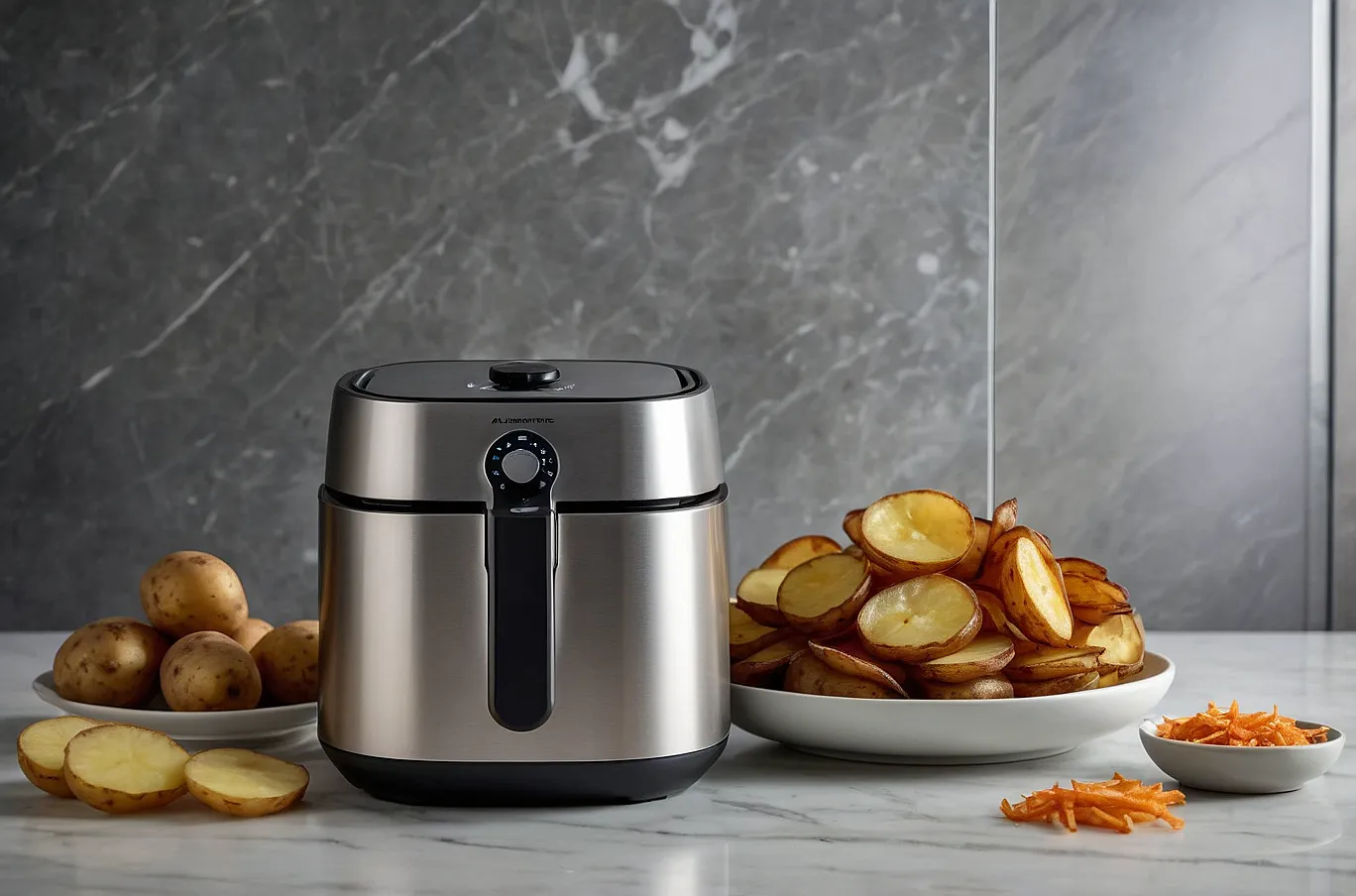 Crispy homemade potato slices freshly cooked in an air fryer.