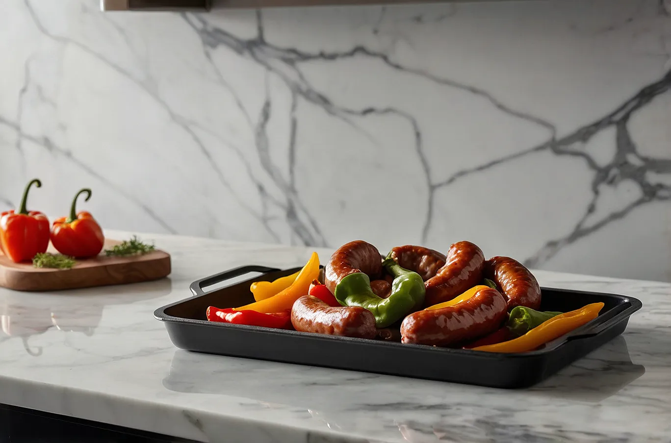 Savory sausage mixed with vibrant, tender peppers.