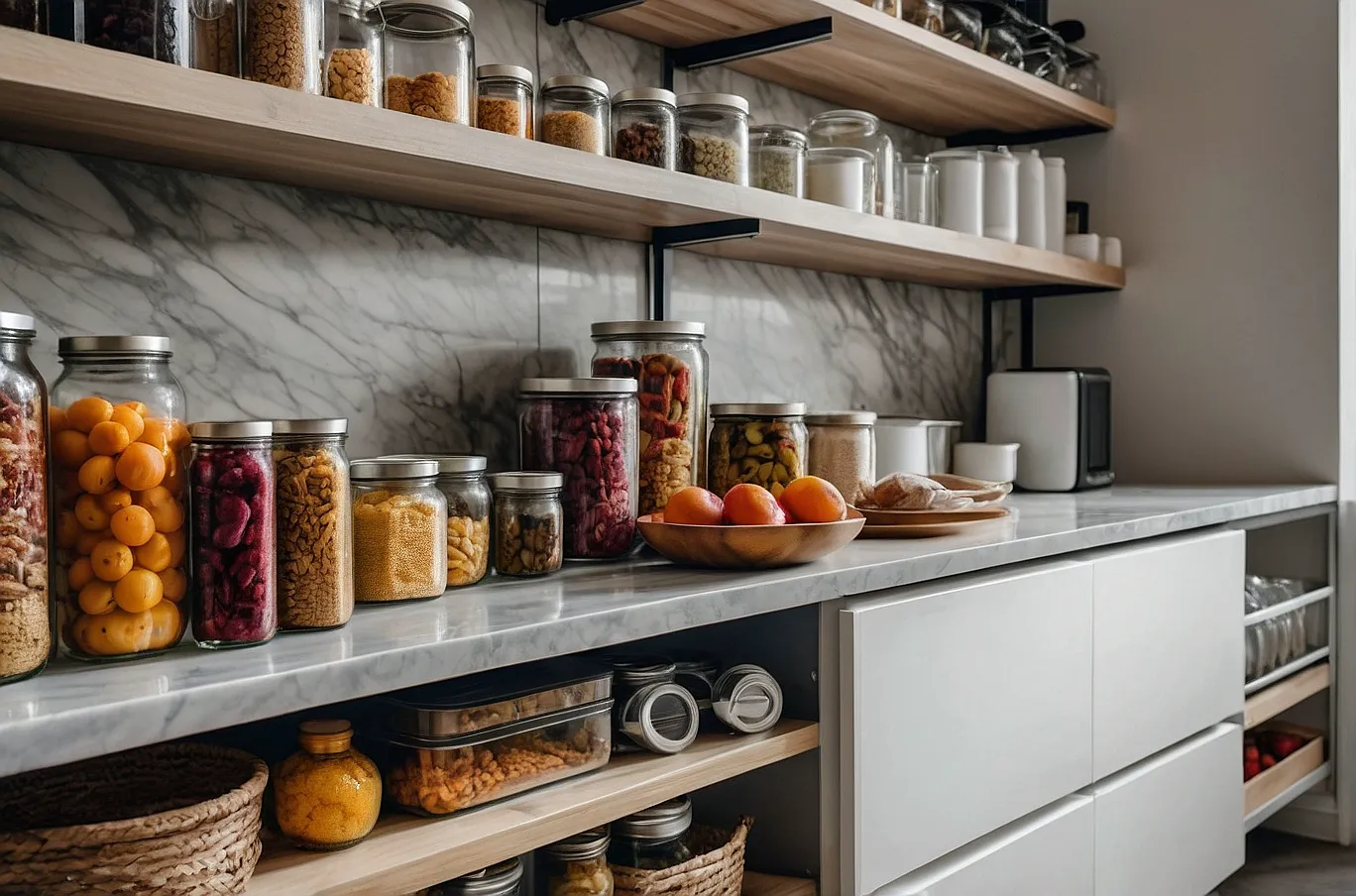 Shelf stocked with canned goods, packaged foods, and containers for organized storage.