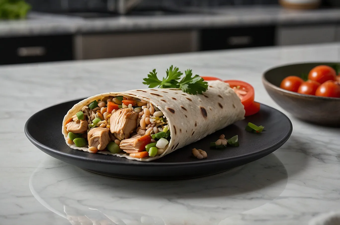 A flavorful wrap filled with chicken, beans, rice, and veggies, served on a plate.