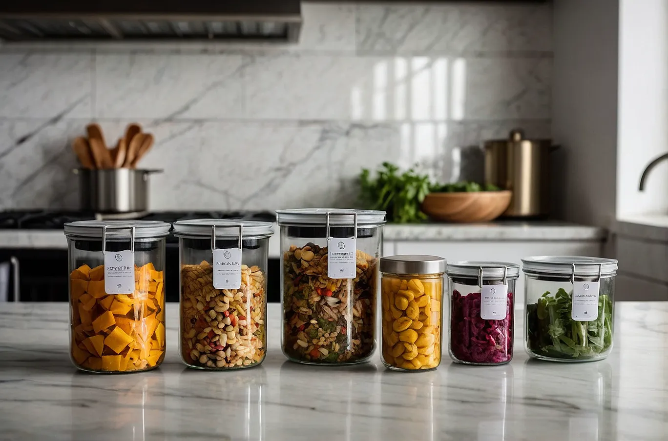Food containers filled with a variety of different foods, ready to eat or reheat.