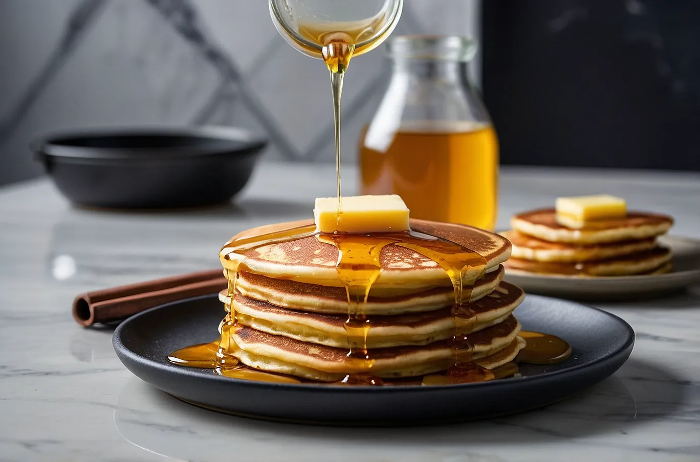 Pancakes with butter and honey or maple syrup.