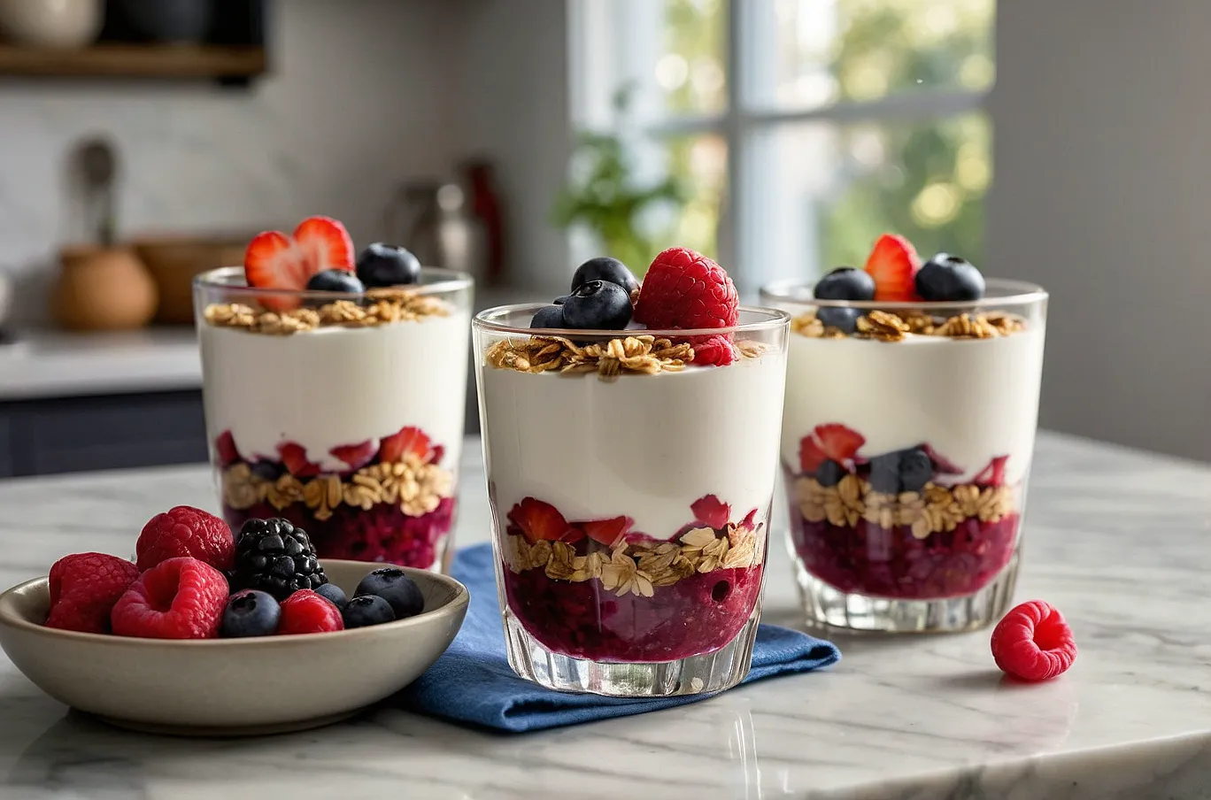 Yogurt parfaits layered with granola, Greek yogurt, and berries.