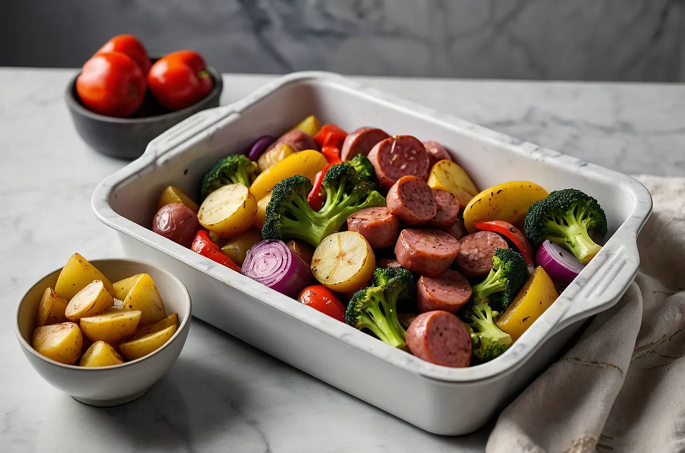 A tray of sliced kielbasa, bell peppers, onions, broccoli, and potatoes with olive oil and herbs.