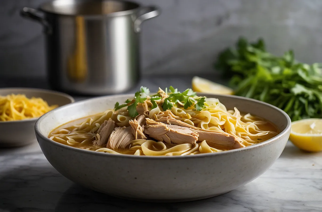 A bowl of egg noodles and shredded chicken preped to be eaten