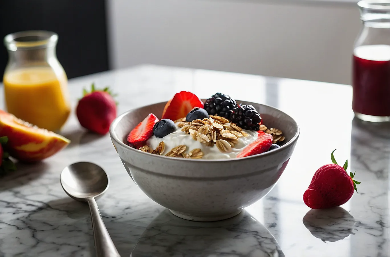 Bowl of muesli with oats, yogurt, and fresh fruit — a wholesome start to the day.