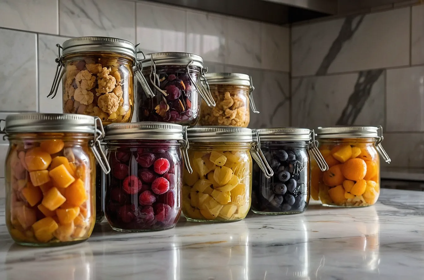 Mason jars and containers filled with dried fruits, oats, granola, muffins, and more snacks.