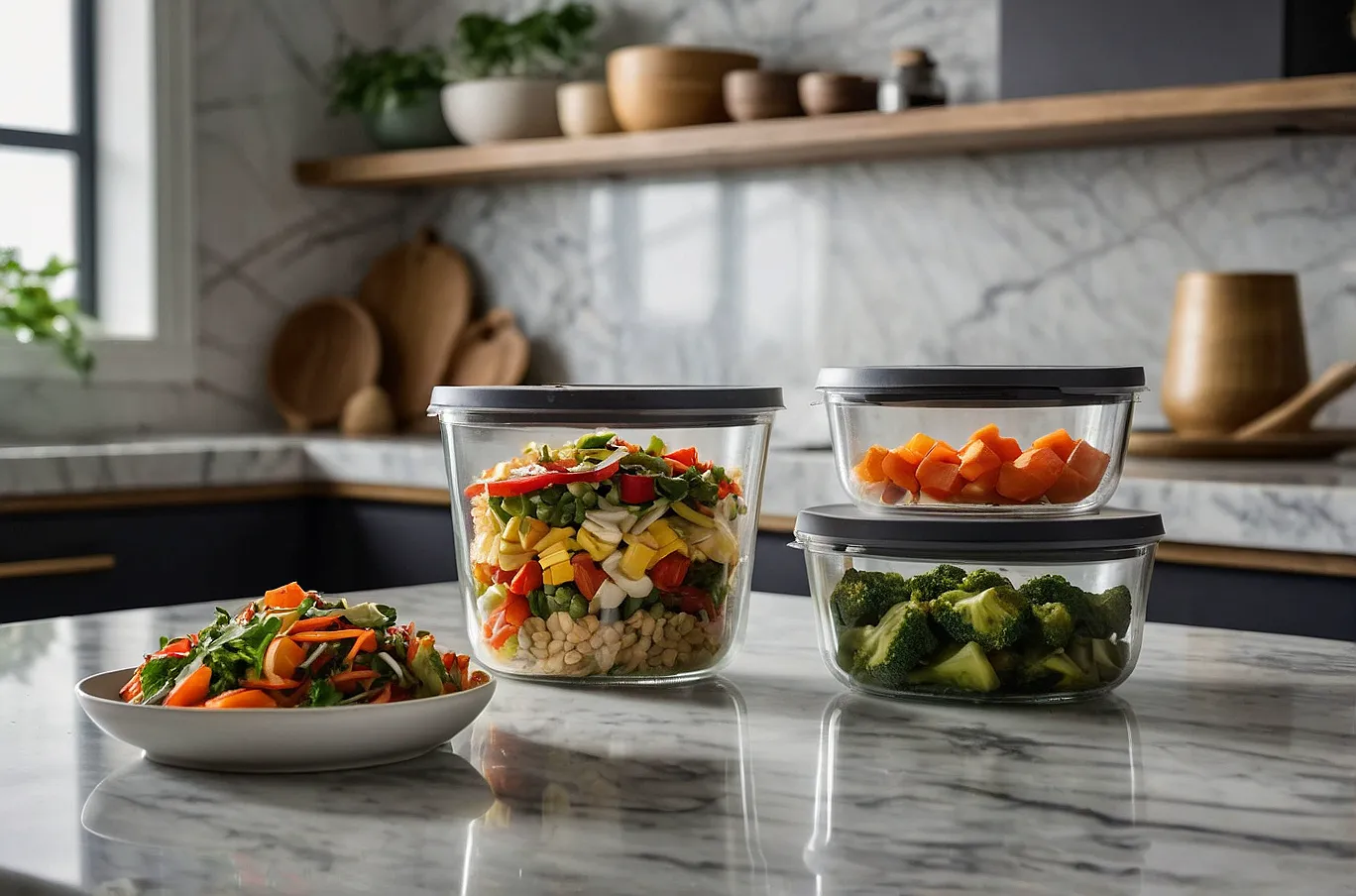 Food containers filled with a variety of different foods, ready to eat or reheat.