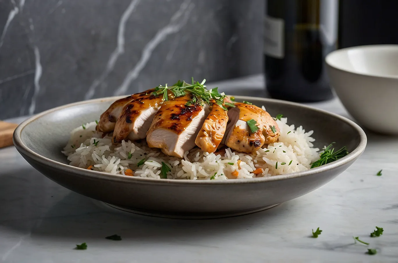 Tender chicken and fluffy rice pressure-cooked with garlic, herbs, and savory broth.