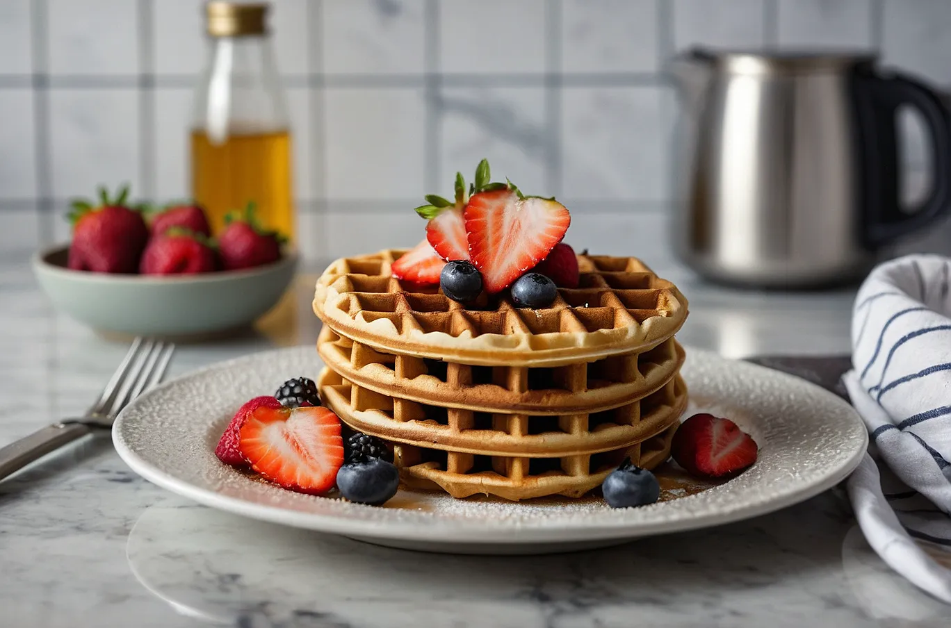 Waffles with a golden crunch, perfect for a sweet or savory topping.