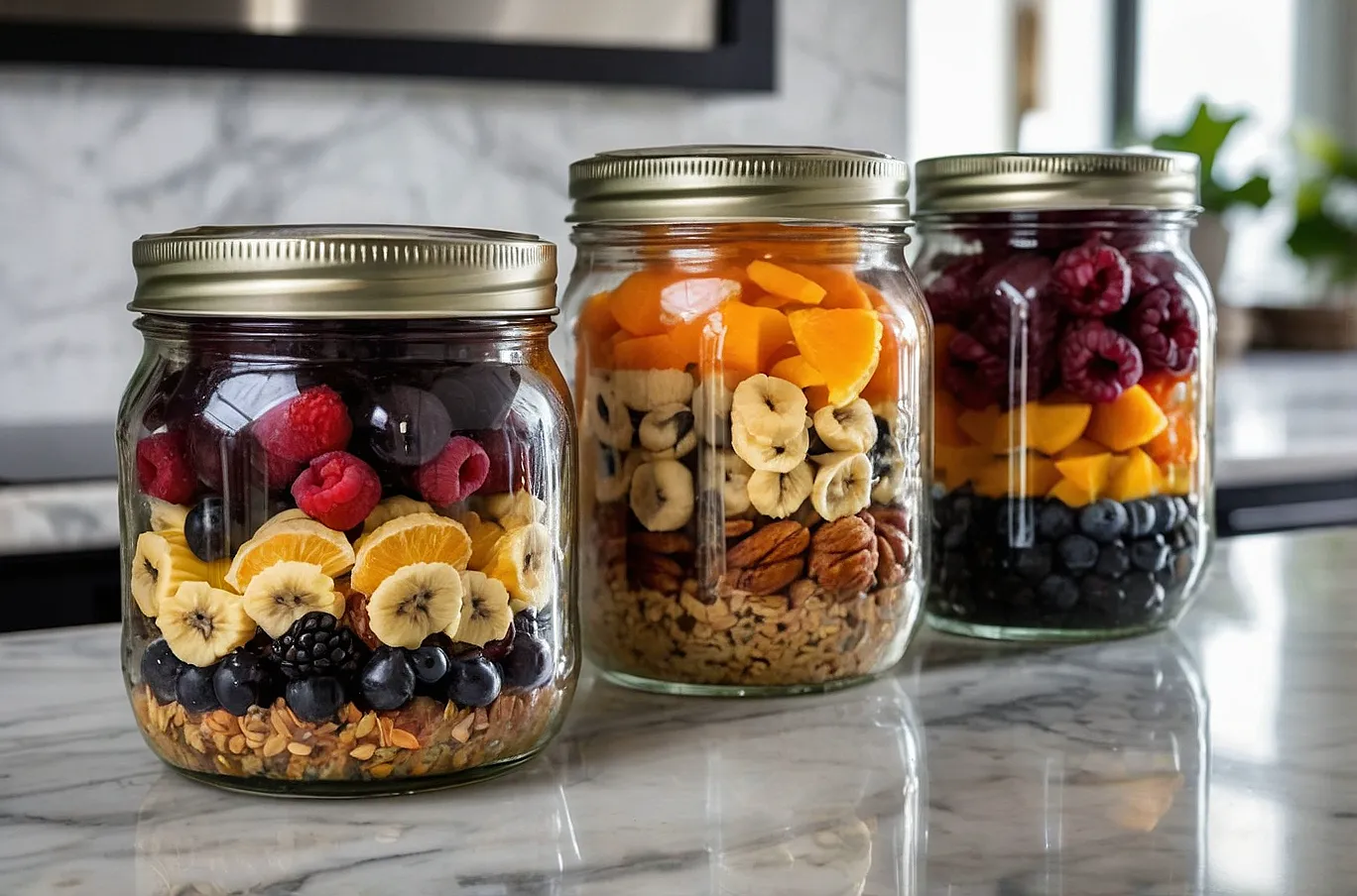 Mason jars and containers filled with dried fruits, oats, granola preped for ez eating
.