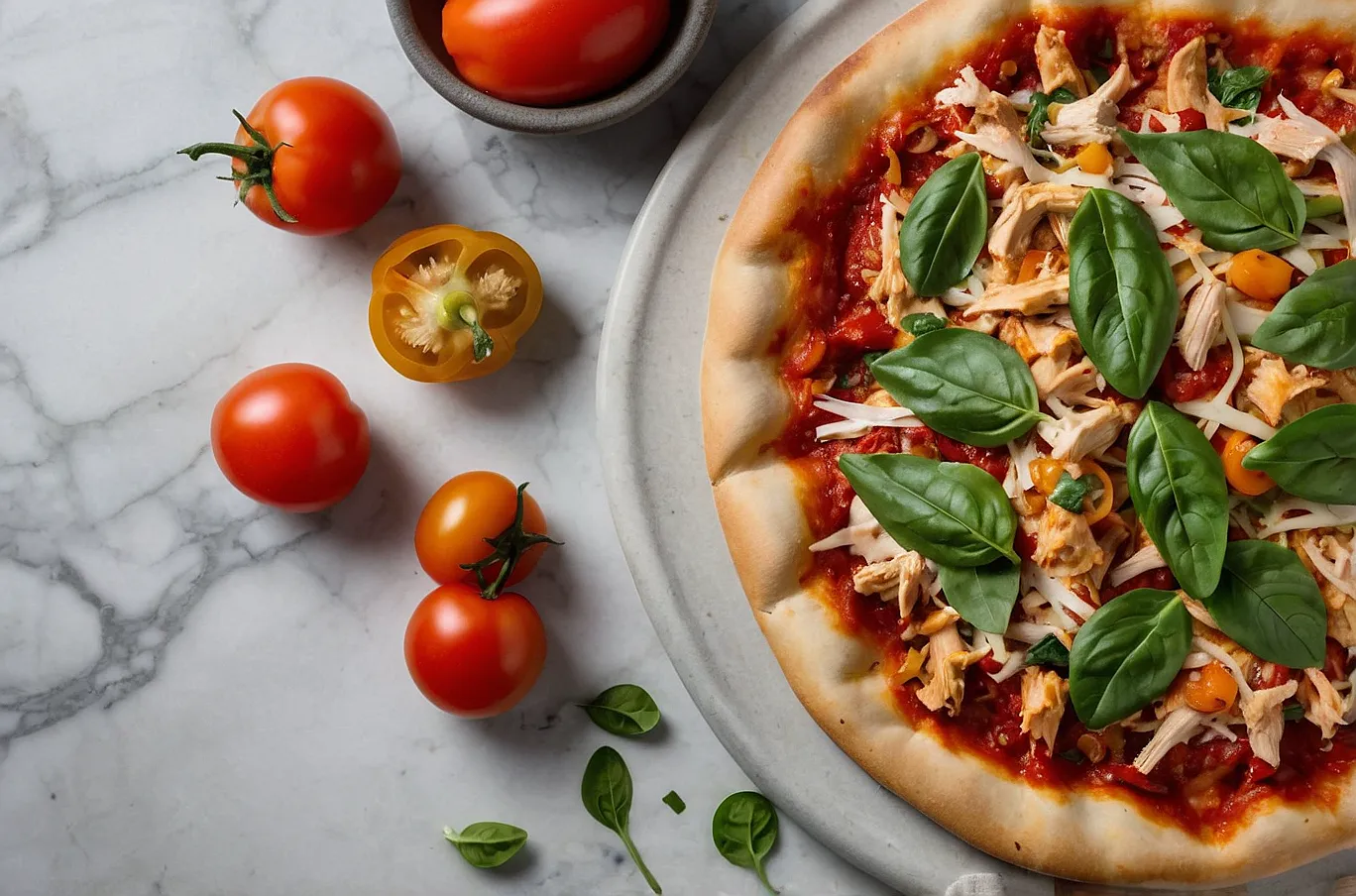 Pizza crust with tomato sauce, shredded chicken, and vibrant diced vegetables.