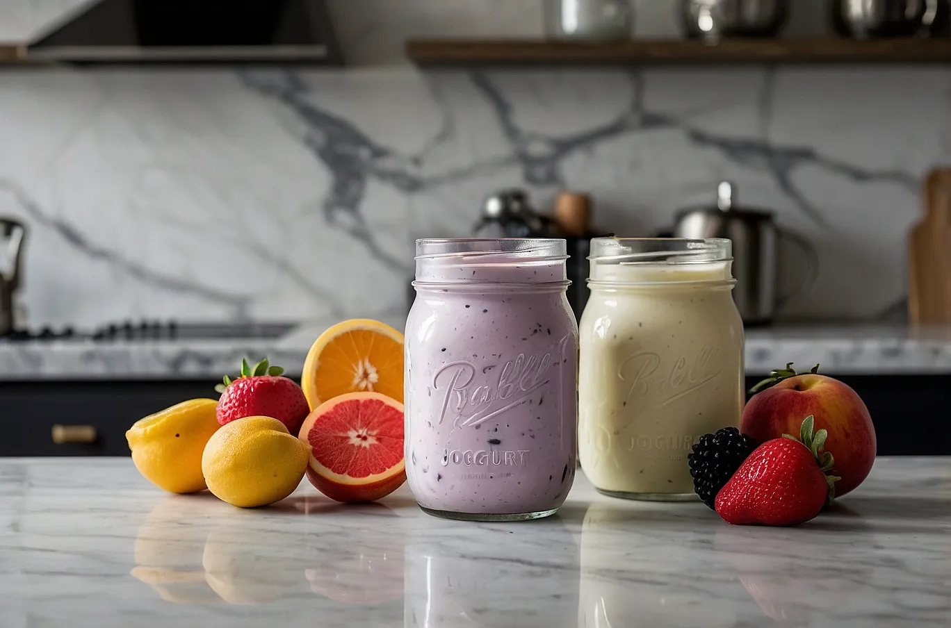 Yogurt and fruit blended together in a mason jar for a creamy smoothie.