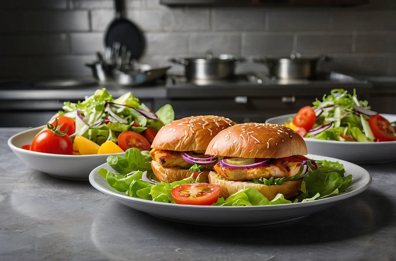 Golden grilled chicken sandwiches and fresh salad for 2 people.