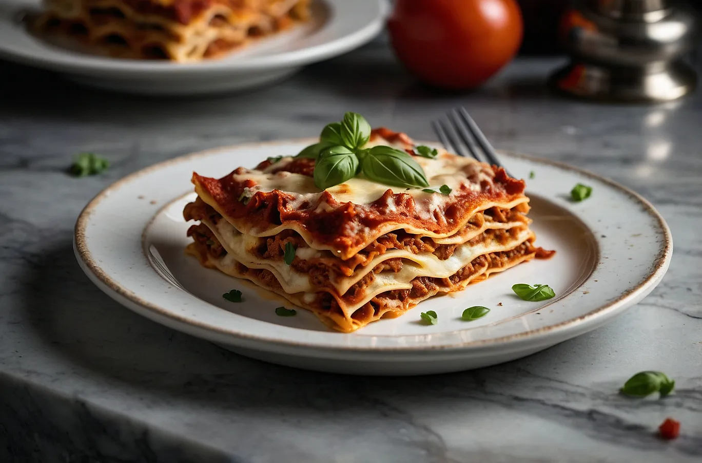 Lasagna, layered with rich sauce, cheese, and pasta for classic comfort.