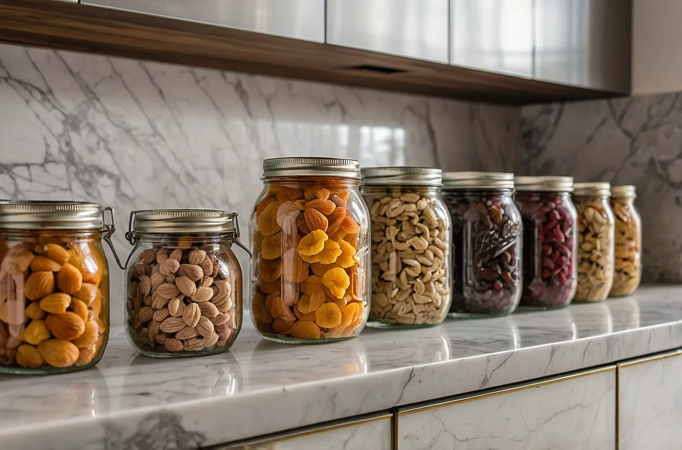 A variety of snacks arranged in mason jars.