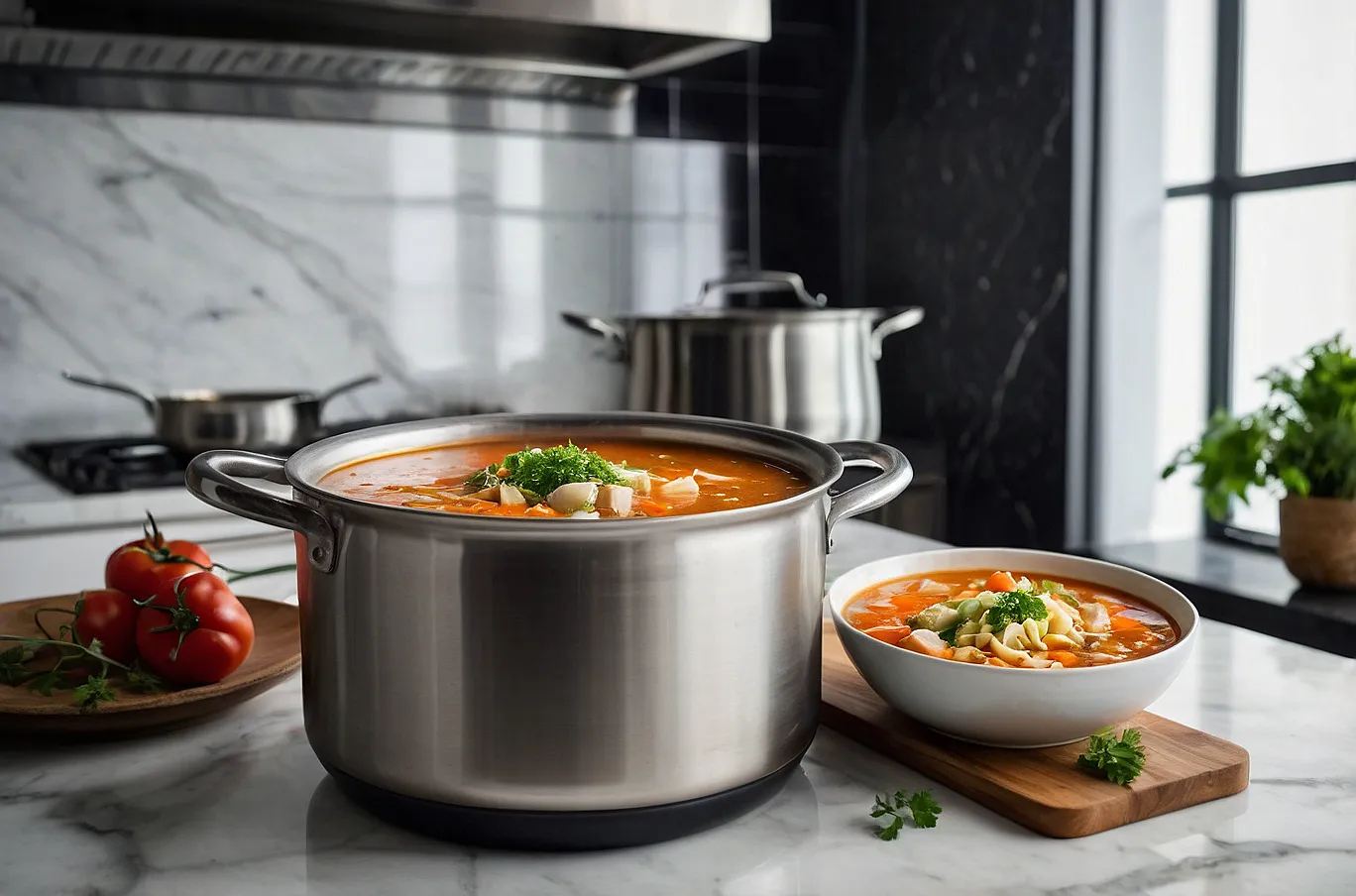 A large pot filled with warm, comforting soup, ready to serve.