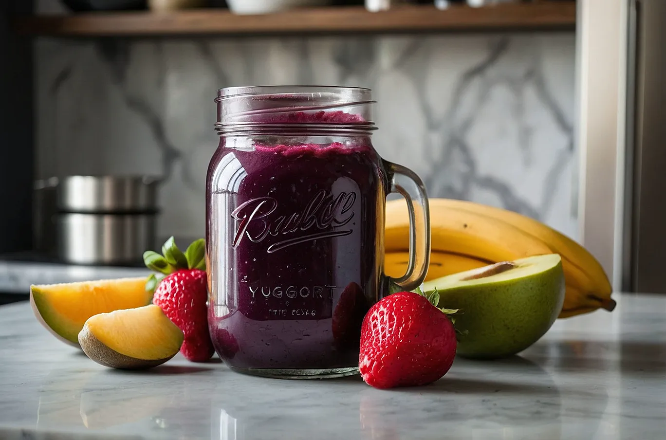 A mason jar filled with a thick, fruity smoothie—refreshing and vibrant.