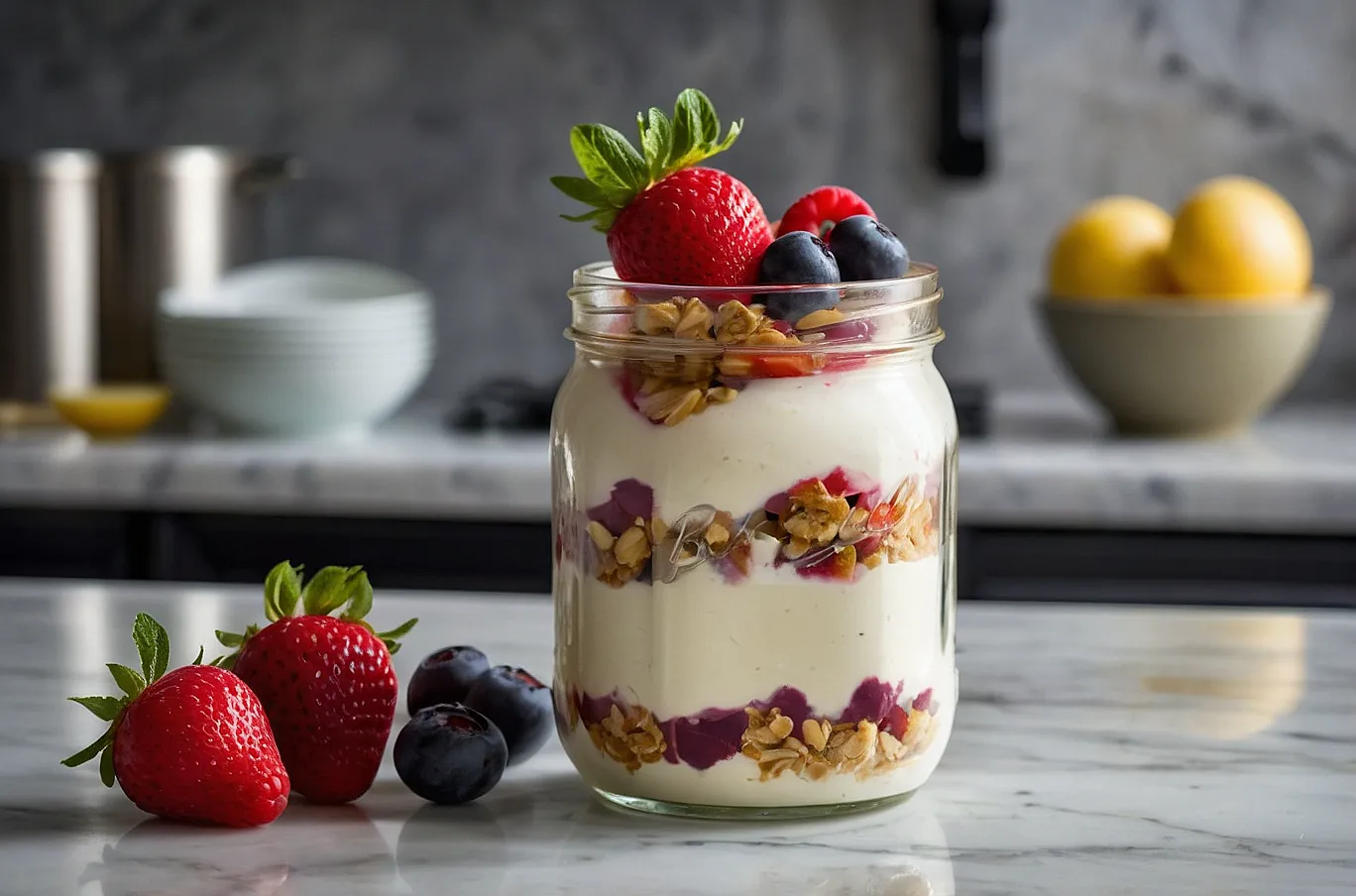A mason jar filled with a parfait—layers of yogurt, fruit, and a touch of sweetness.