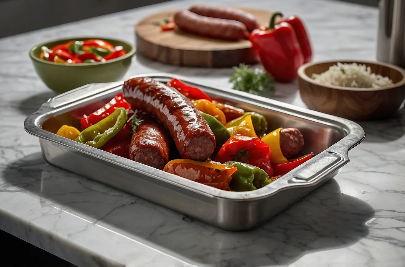 Savory sausage mixed with vibrant, tender peppers.