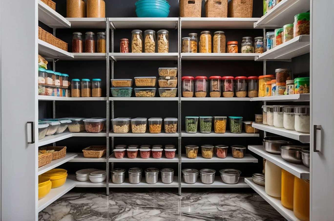 Pantry stocked with canned goods, packaged foods, and containers for organized storage.