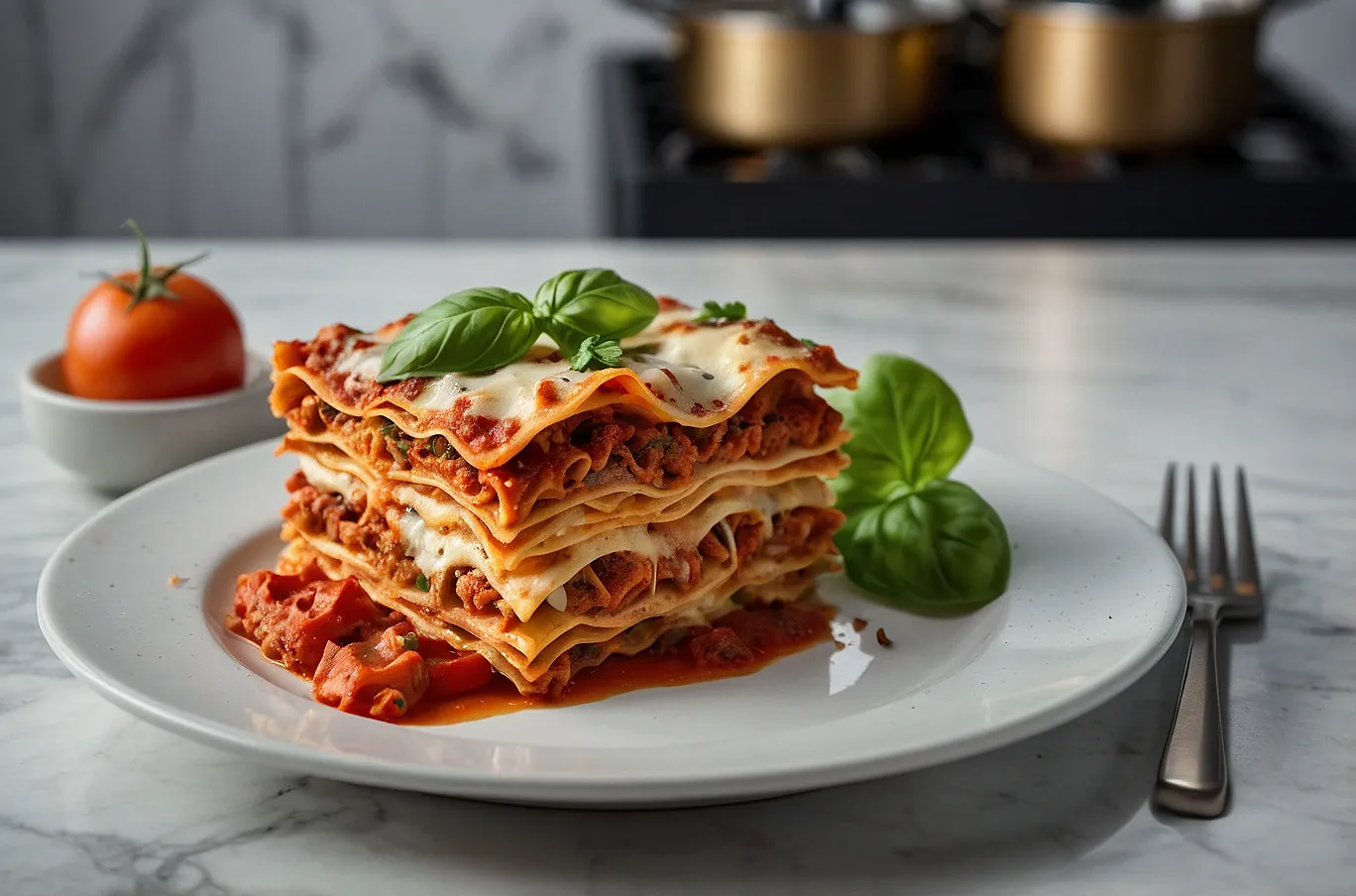 Lasagna, layered with rich sauce, cheese, and pasta for classic comfort.