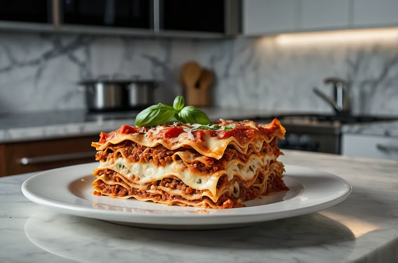 Lasagna, layered with rich sauce, cheese, and pasta for classic comfort.