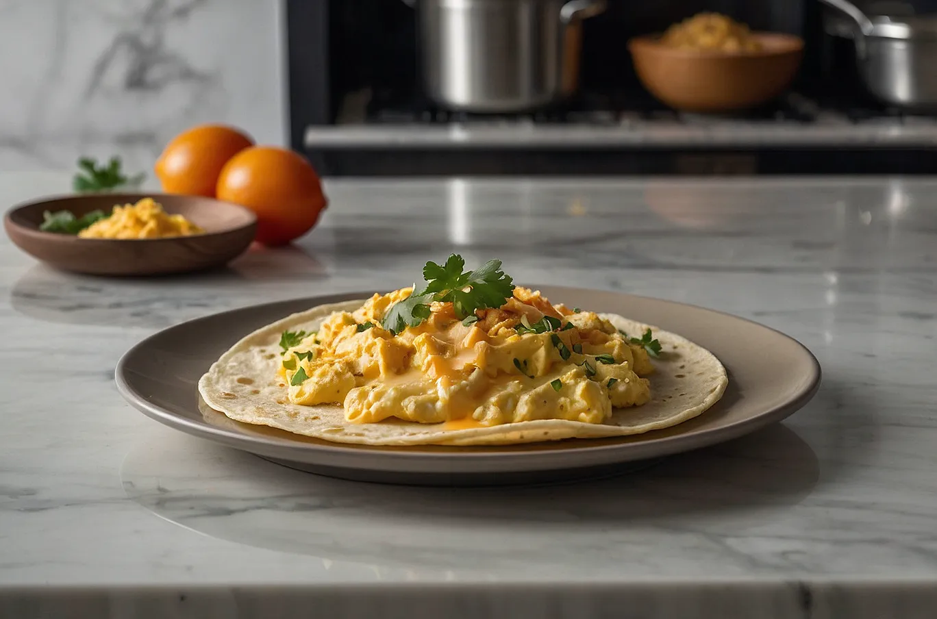Soft tortillas laid out with fluffy scrambled eggs and melted cheese in the center.