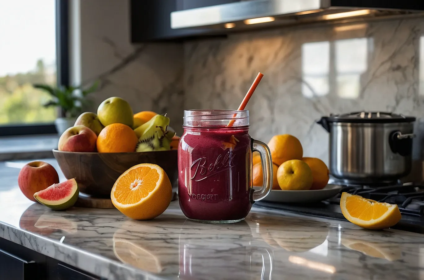 A mason jar filled with a thick, fruity smoothie—refreshing and vibrant.