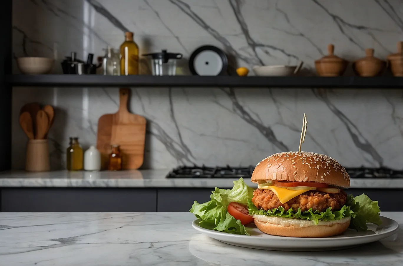 Crispy fried chicken sandwich with fresh toppings on a soft bun.