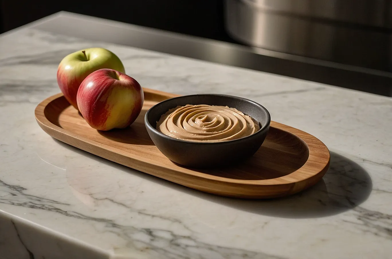 Apples served with creamy nut butter for dipping.