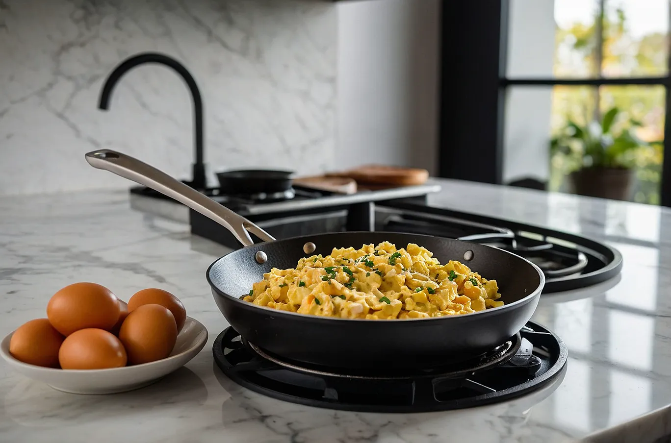 Fluffy scrambled eggs cooking in a hot frying pan.