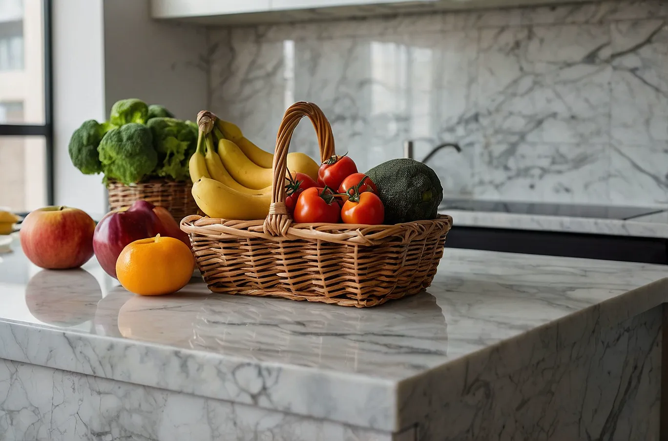 A colorful basket filled with a mix of fresh fruits and vegetables.
