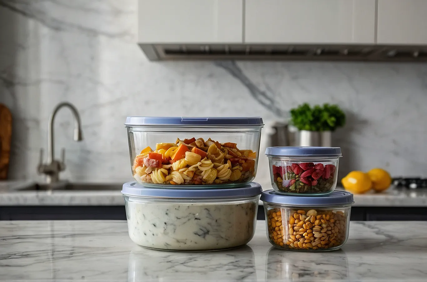 Food containers filled with a variety of different foods, ready to eat or reheat.