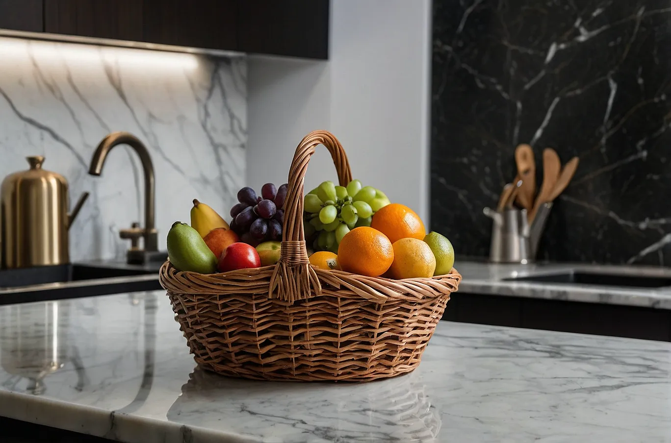 A colorful basket filled with a mix of fresh fruits and vegetables.