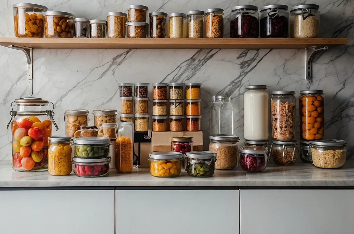 A shelf stocked with canned goods, packaged foods, and containers for organized storage.