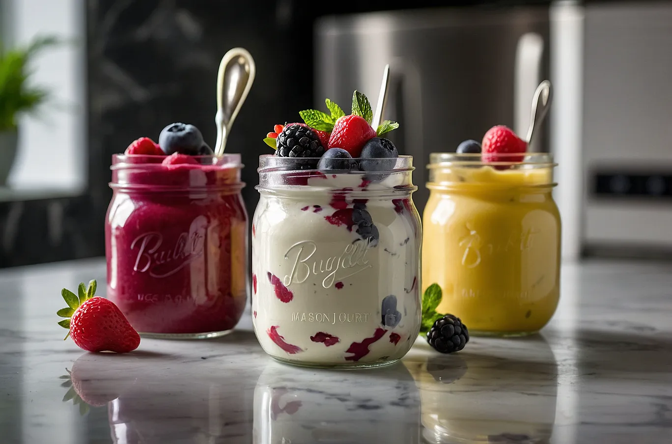 A mason jar filled with a thick, fruity smoothie—refreshing and vibrant.