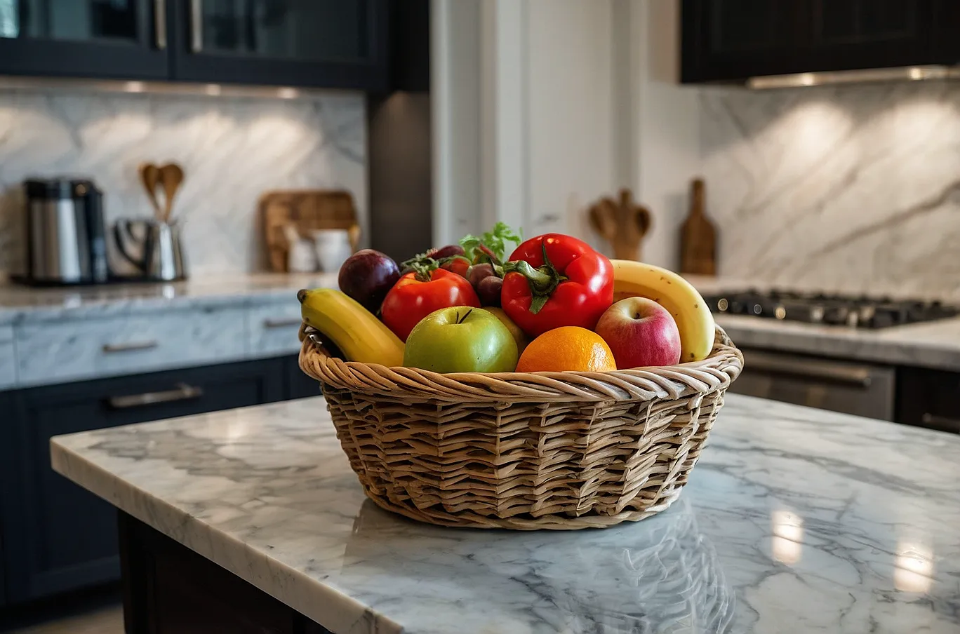 A colorful basket filled with a mix of fresh fruits and vegetables.