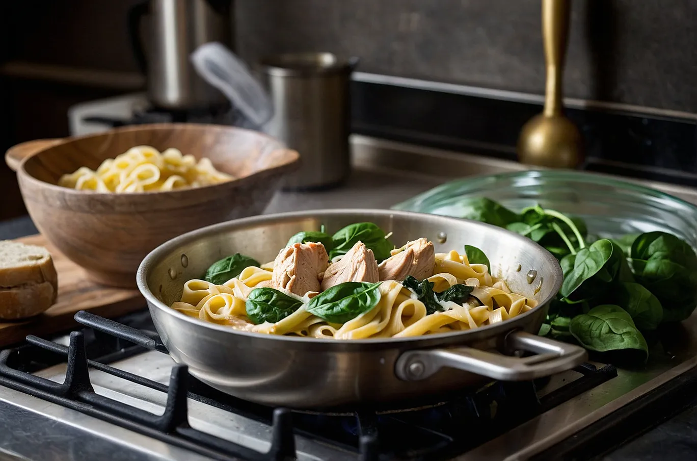 Chicken and spinach in pasta, rich and flavorful.