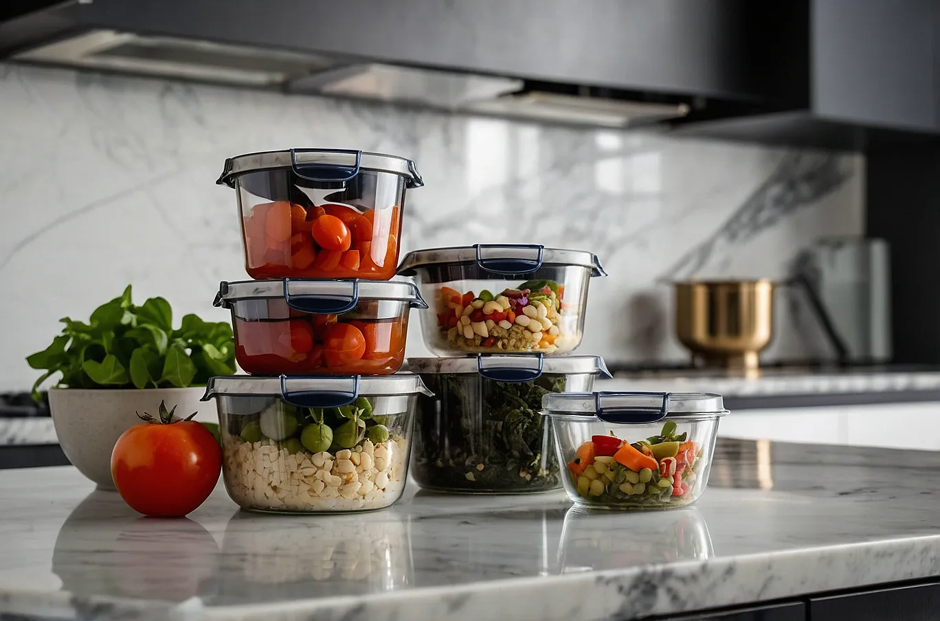 Food containers filled with a variety of different foods, ready to eat or reheat.