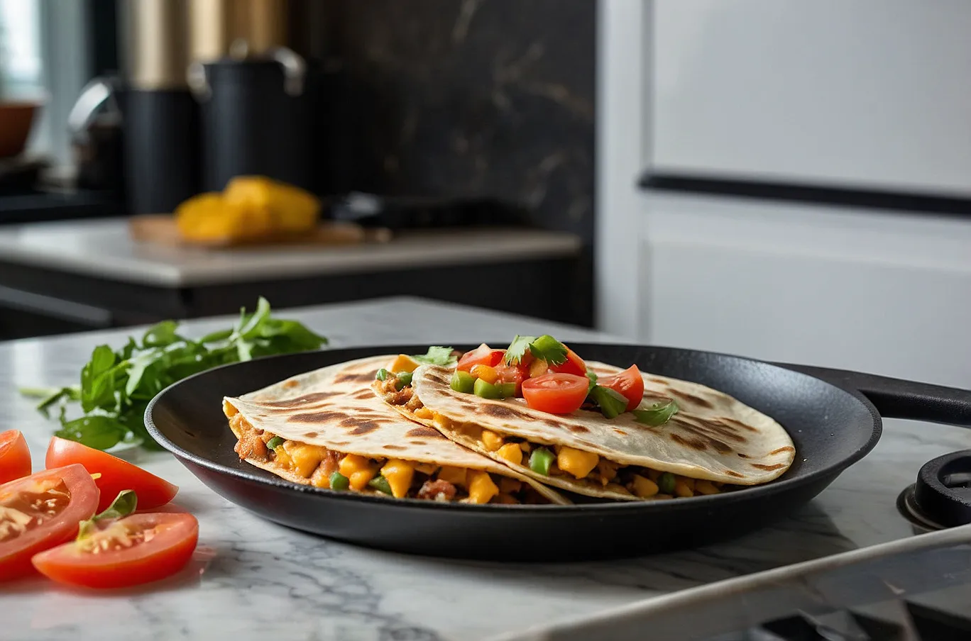 Cheese and bean quesadillas sizzling and crisping in a non-stick pan.