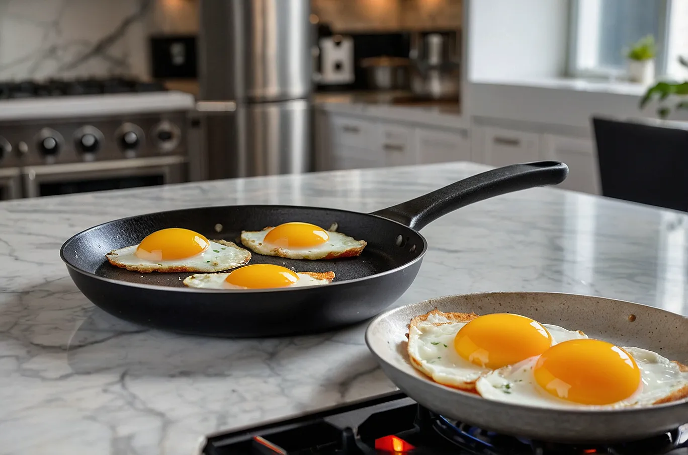 Freshly cooked eggs sizzling in a frying pan, ready to serve.