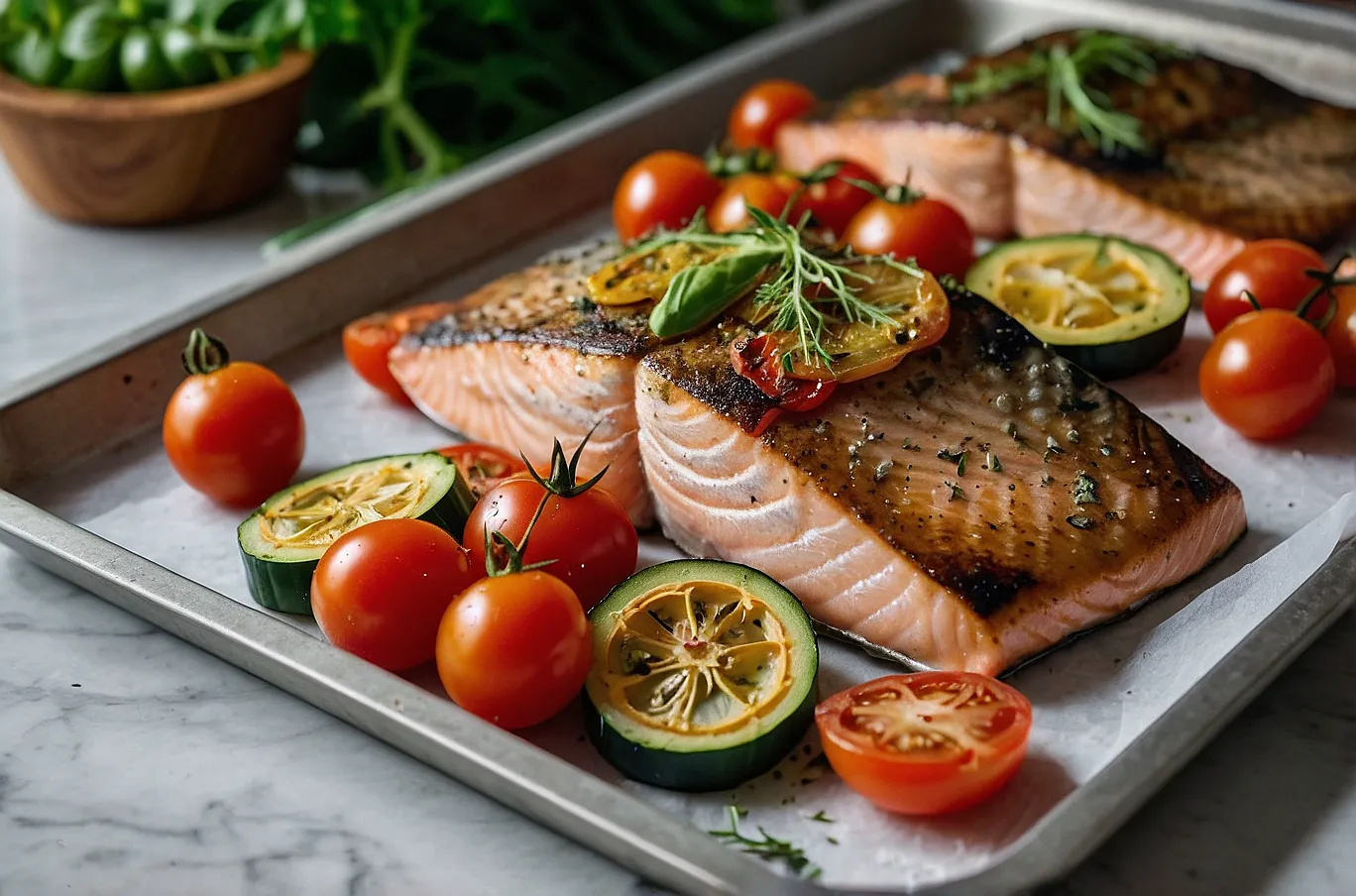 Salmon fillets with cherry tomatoes and zucchini on a parchment-lined sheet pan.