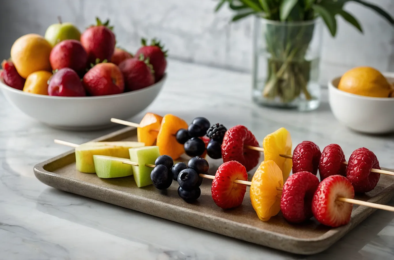 Colorful fruit skewers with a variety of fresh, juicy bites — fun, vibrant, and refreshing.
