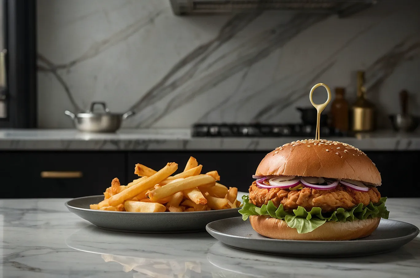 Crispy fried chicken sandwich with fresh toppings on a soft bun.