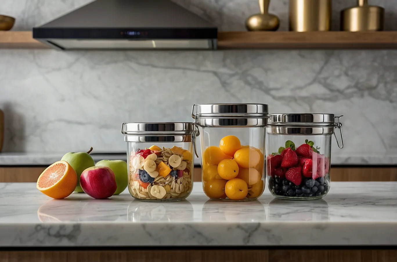 Food containers filled with a variety of different foods, ready to eat or reheat.