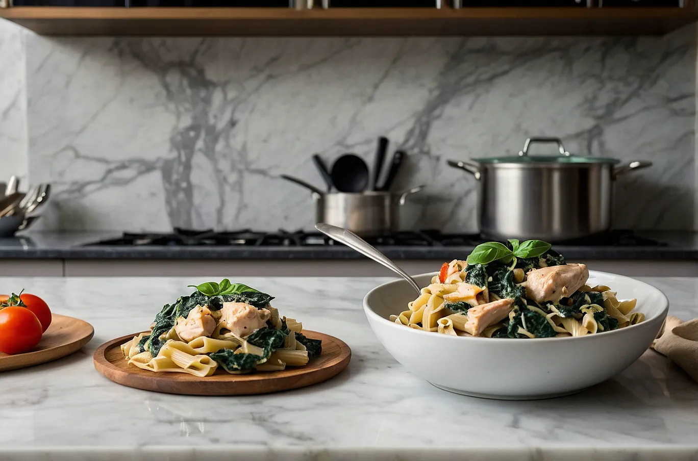 Creamy chicken and spinach pasta cooked together in a single pan.