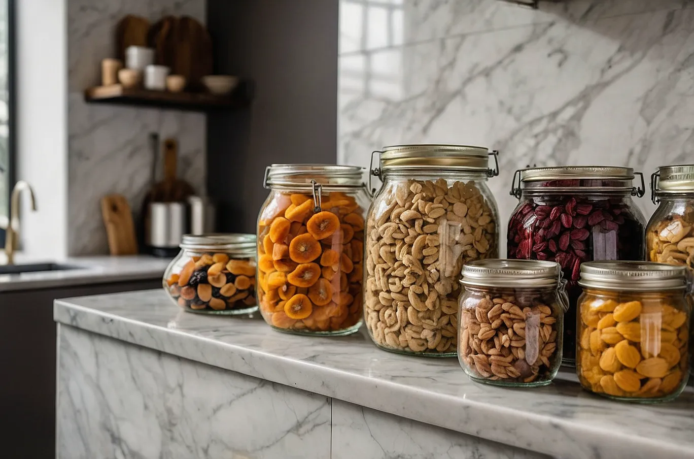 A variety of snacks arranged in mason jars.